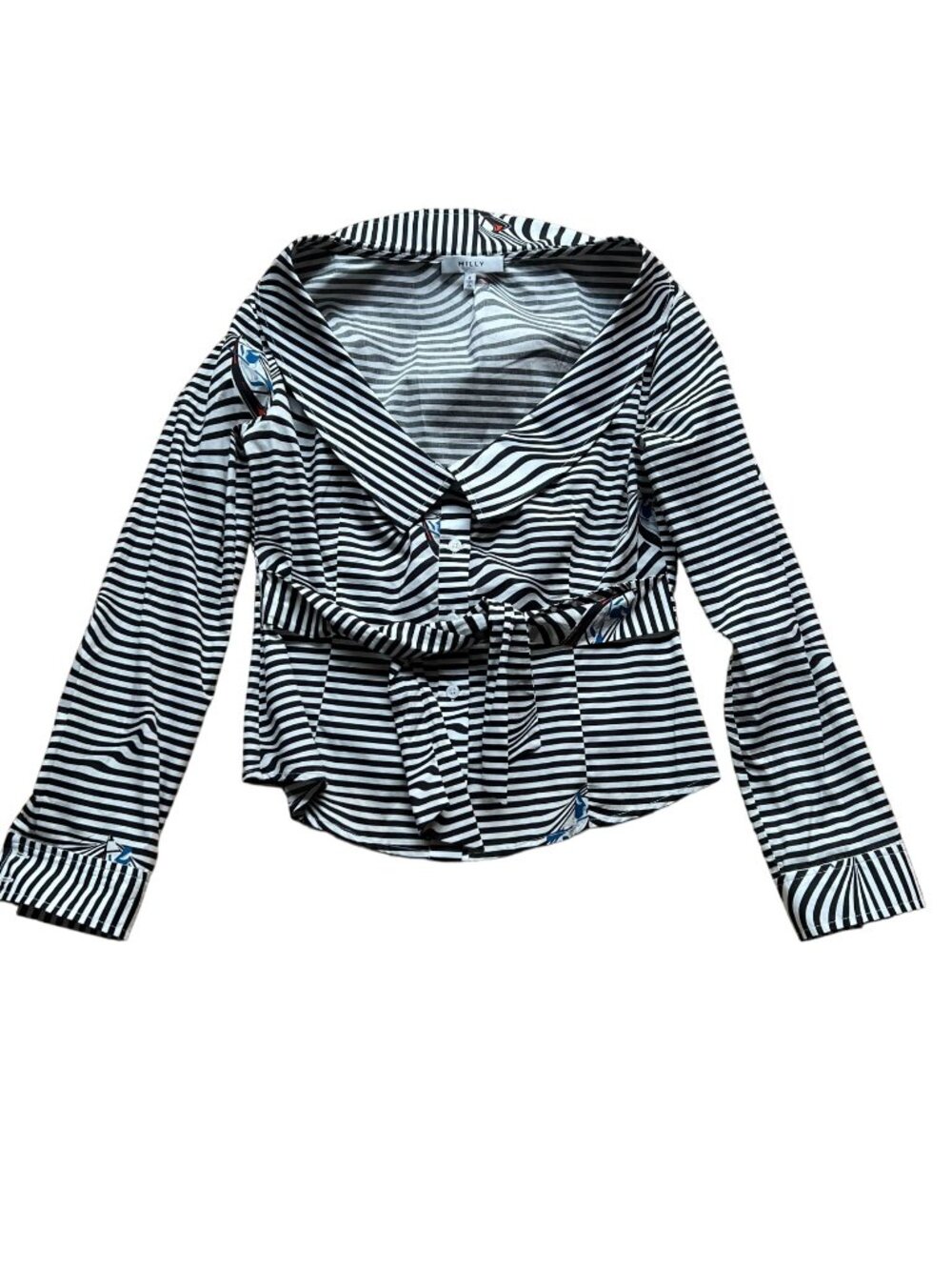 Milly Striped Off‑Shoulder Long Sleeve Blouse Black White With Waist Belt Size 8